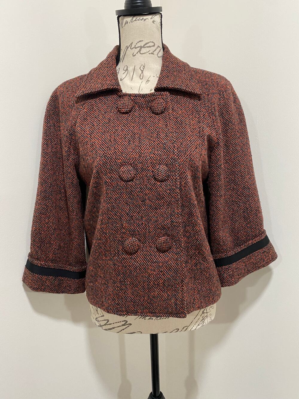 Wool Blend Collective Clothing 3/4 Sleeve Tweed Peacoat Jacket Size Medium